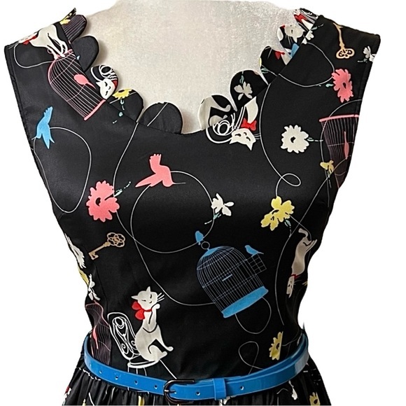 Lindy Bop Daria Birdcage Cat floral Dress scalloped neckline rockabilly pinup 4 - Picture 4 of 11